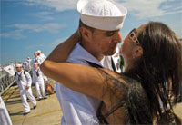 U.S. Navy Yeoman 1st Class Jorge Ulloa greets his wife, Laidy, during a homecoming ceremony for his ship's crew in 2009. A new study by VA researchers and federal colleagues has described how Veterans' financial status and money-management skills impact their reintegration after deployments..