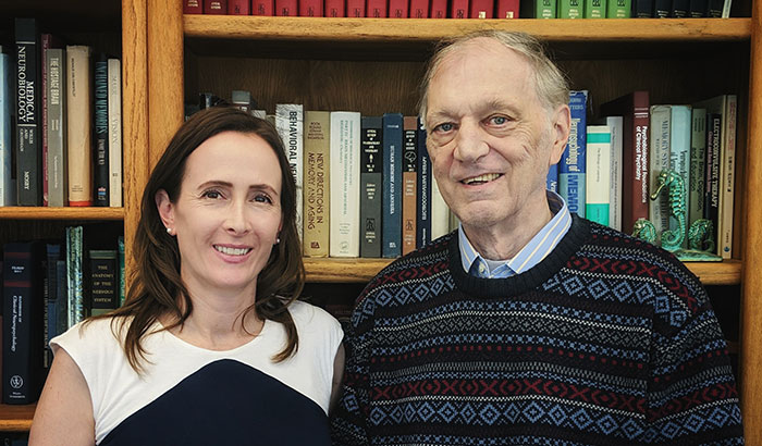 Drs. Christine Smith and Larry Squire study memory and learning. On the shelf behind Squire is a replica of a sea horse. The brain’s hippocampus—crucial in memory—is named based on the ancient Greek term for sea horse. (Photo courtesy of Dr. Christine Smith)