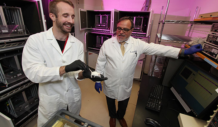 Dr. Leonardo Tonelli (right) and research assistant Brent Stewart are conducting mouse studies to learn about the role of the immune system in mental health. (Photo by Mitch Mirkin)