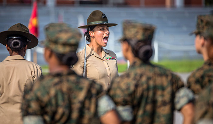 Marine Corps Staff Sgt. Dalia Chavez, a drill instructor, gives a command at Parris Island in June 2018. (USMC photo for illustrative purposes only, by Sgt. Dana Beesley)   