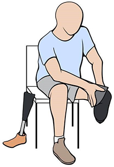 The illustration depicts a below-knee amputee removing his liner after he has taken off his prosthesis. He will dispose of any sweat in the liner, wiping it down or allowing it to air dry. To maintain good hygiene, he will also clean the liner with soap and water or alcohol at least once every few days.(Illustration by Madeline Newcomb)  