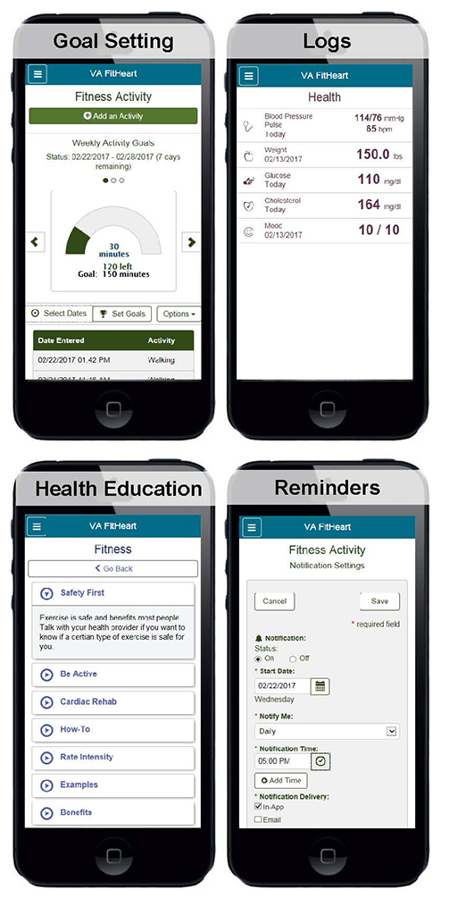 Screenshots of VA FitHeart, a mobile application for cardiac rehabilitation