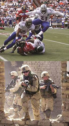 Running back Ladainian Tomlinson is tackled during the 2006 Pro Bowl, and U.S. Army soldiers see action in Samarra, Iraq, in 2004. Research on chronic traumatic encephalopathy has involved autopsies on the donated brains of former athletes and combat Veterans.