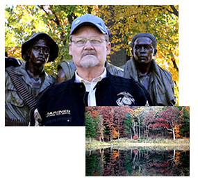    Veteran Sam Collins of Kansas City, Mo., is seen at the Vietnam War Memorial. The adjacent photo shows a sample of his photography, which he sells as part of his fund-raising efforts in support of medical research.