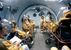 Patients receive hyperbaric oxygen therapy in the U.S. Air Force School of Aerospace Medicine's hyperbaric medicine division, also known as the Davis Hyperbaric Laboratory. (Courtesy of USAF)