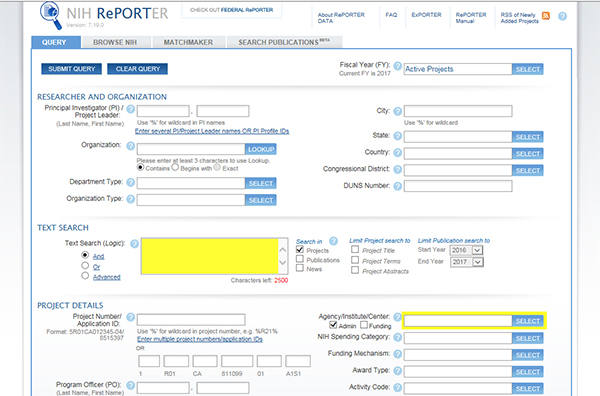 NIHRePORTER screen 2