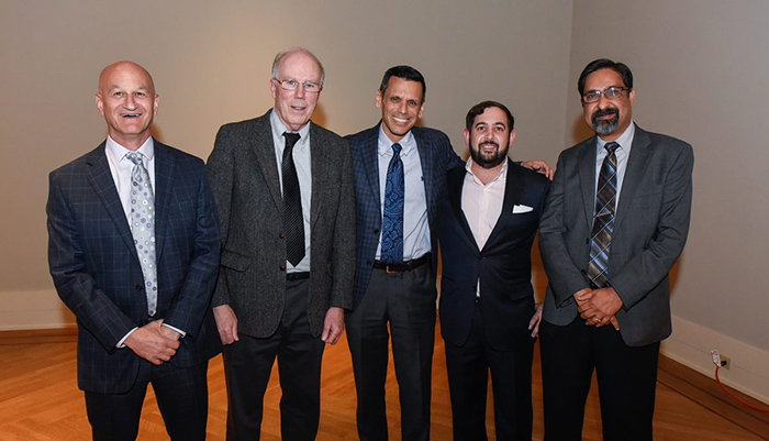  Drs. George Gitchel, Mark Baron, and Paul Wetzel are co-developers of the RightEye technology and are researchers at VA Richmond Healthcare System and Virginia Commonwealth University. From left to right: Mark Baron, M.D., Paul Wetzel, Ph.D., Michael Rao, Ph.D., George Gitchel, Ph.D., and P. Srirama Rao, Ph.D. (Photo by Clement Britt, courtesy VCU Innovation Gateway.)