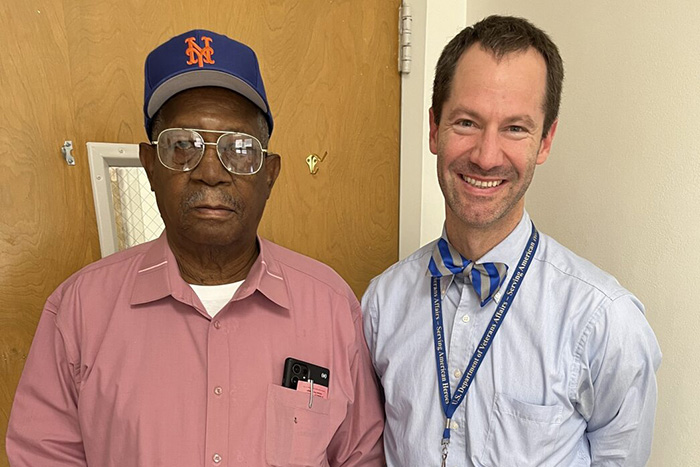 1SG (Ret.) James Perry and oncologist Dr. Martin Schoen at the St. Louis VA Medical Center in Missouri. 