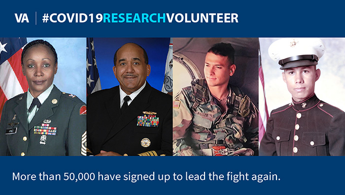 U.S. Army Reserve Veteran Michele Jones, U.S. Navy Veteran Dr. Adam Robinson, U.S. Army Veteran Jeremy Wheeler, and U.S. Marine Corps Veteran John Gutierrez have signed up to volunteer for VA Research on COVID-19. 