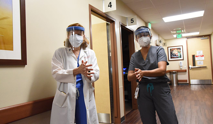 Drs. Barbara Trautner (left) and Lavannya Pandit are leading a clinical trial at the Houston VA, as part of a larger network of study sites, examining the anti-inflammatory drug tocilizumab for COVID-19. (Photo by Regit Sasser)  