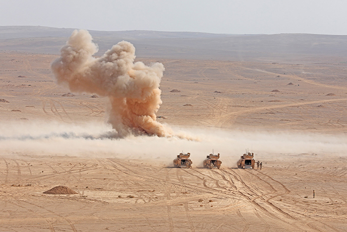 Military forces detonate Bangalore torpedoes during 2019 Eager Lion, a U.S. Central Command military exercise in Jordan. (Photo for illustrative purposes, taken by Army Sgt. Liane Hatch.)  