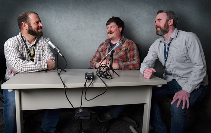 Brandon Rea (far right) and Dr. Levi Sowers (center), co-hosts of the Vets First Podcast, with Dr. Oliver Gramlich of the VA Center for the Prevention and Treatment of Vision Loss.
(Photo by Michael Feddersen)
