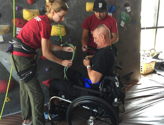 Mark Christianson prepares to climb a wall at Stanford University.(Photo courtesy of Stanford U.)