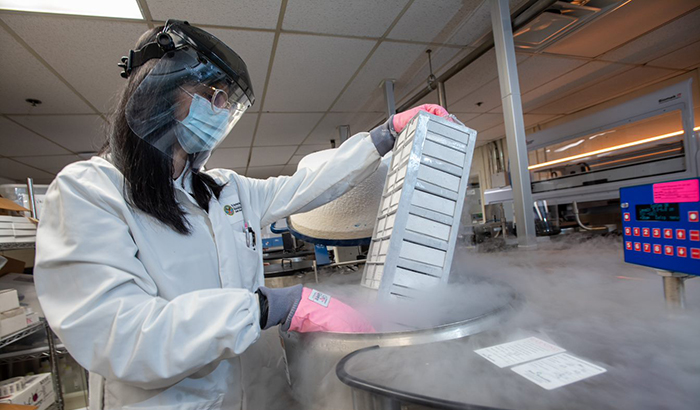 Health science specialist Yasamin Azadzoi removes Million Veteran Program samples from a cryotank at the Boston MVP facility. <em>(Photo by Frank Curran).