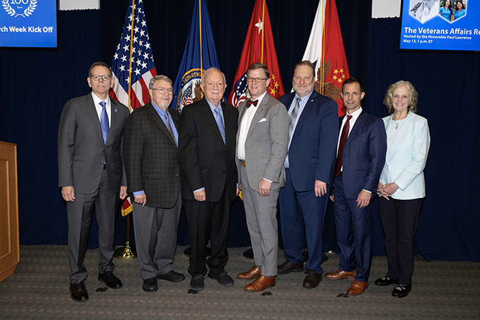 VA Deputy Secretary Dr. Paul Lawrence (left) with awardees Dr. Arlan Richardson, Dr. Robert Clark, Dr. Daniel Hall, Dr. Robert Kirsch, Dr. Vincent Marconi, and Dr. Jean Beckham.