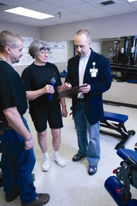 Researcher Dr. Marcas Bamman (right),with VA and the University of Alabama at Birmingham, talks with study participant Barbara Wiggins and exercise physiologist Craig Tuggle