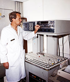 Army Major Dr. Dennis Stevens investigates the effects of bacterial toxins on human white blood cells in 1978 at Brooke Army Medical Center in San Antonio.