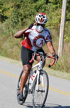 VA researcher Dr. Gina McCaskill, based in Birmingham, Alabama, is an avid endurance cyclist in her free time. She wears a mask to avoid respiratory symptoms.   