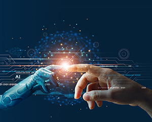 AI, Machine learning, Hands of robot and human touching on big data network connection background, Science and artificial intelligence technology, innovation and futuristic. iStock/ipopba 